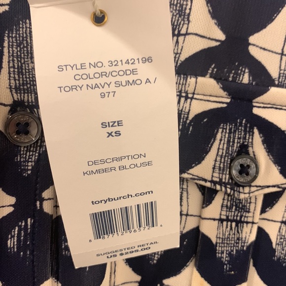 Tory Burch Kimber blouse XS navy and off white print. 2 pocket chest. NWTS - Picture 4 of 9